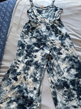 LuLaRoe Blue and White Tie-Dye Leola Wide Leg Cami Jumpsuit